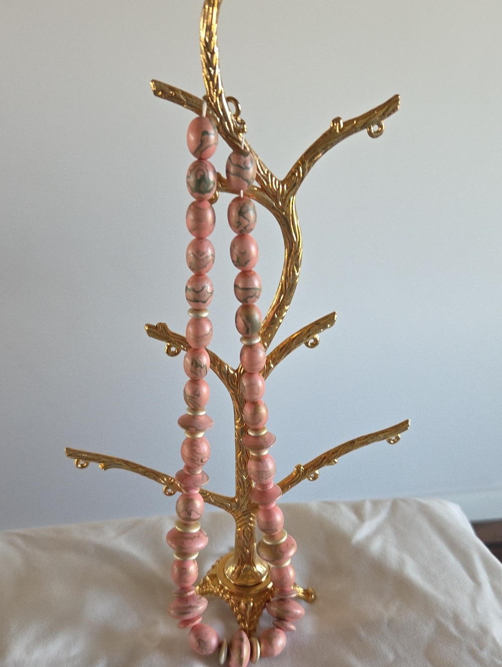Vintage Pink Gold Swirl Marbled Bead Strand Necklace | Retro Spacer